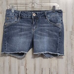 BONGO Blue Medium Wash Faded Low Rise Frayed Hem Ramie Jean Shorts Size 11